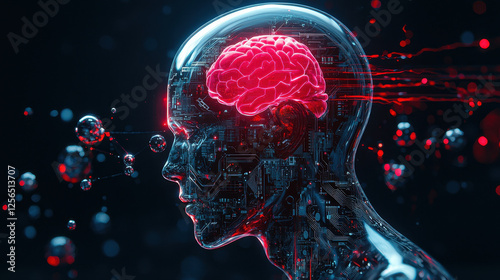 Humanoid AI robot interacts with quantum computer core, showcasing intricate circuitry and energy waves in a cyberpunk environment