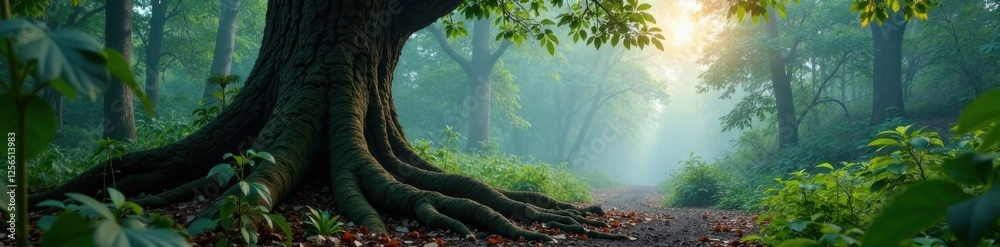 Fototapeta premium Large, gnarled tree trunk with roots exposed in the misty forest floor, mysterious landscape, gnarled tree trunk