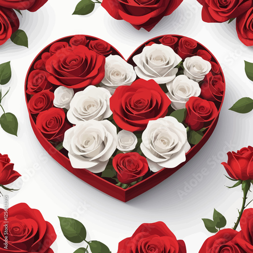A heart-shaped floral box filled with a mix of red and white roses, surrounded by additional flowers. Ideal for luxurious romantic gifts and celebrations.