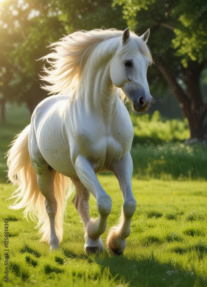 Majestic white stallion with a flowing mane and tail, standing in a lush green meadow under a bright sun, landscape, equine, sunny Majestic white stallion with a flowing mane and tail, standing in a lush green meadow under a bright sun, landscape, equine, sunny