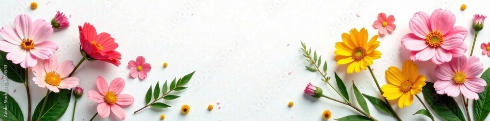 Mixed blooms and greenery on plain white surface, decor, white surface Mixed blooms and greenery on plain white surface, decor, white surface