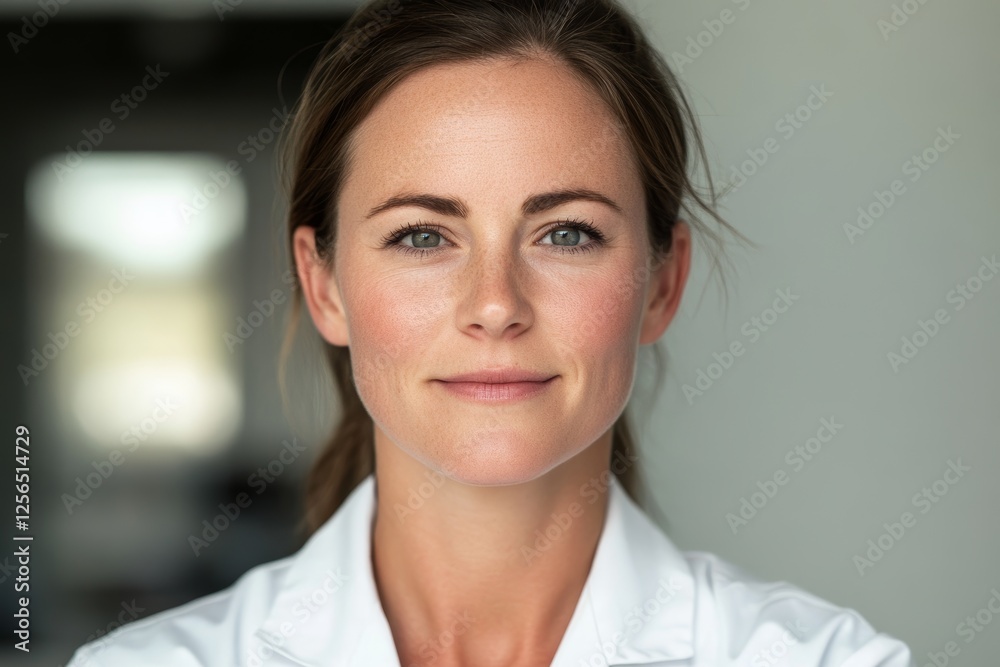 Confident female caucasian young adult professional in white coat Confident female caucasian young adult professional in white coat