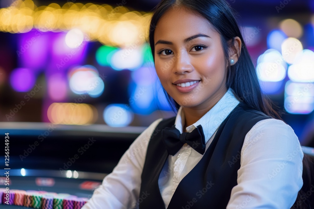 Obraz premium Asian female casino dealer smiling at roulette table in vibrant casino setting