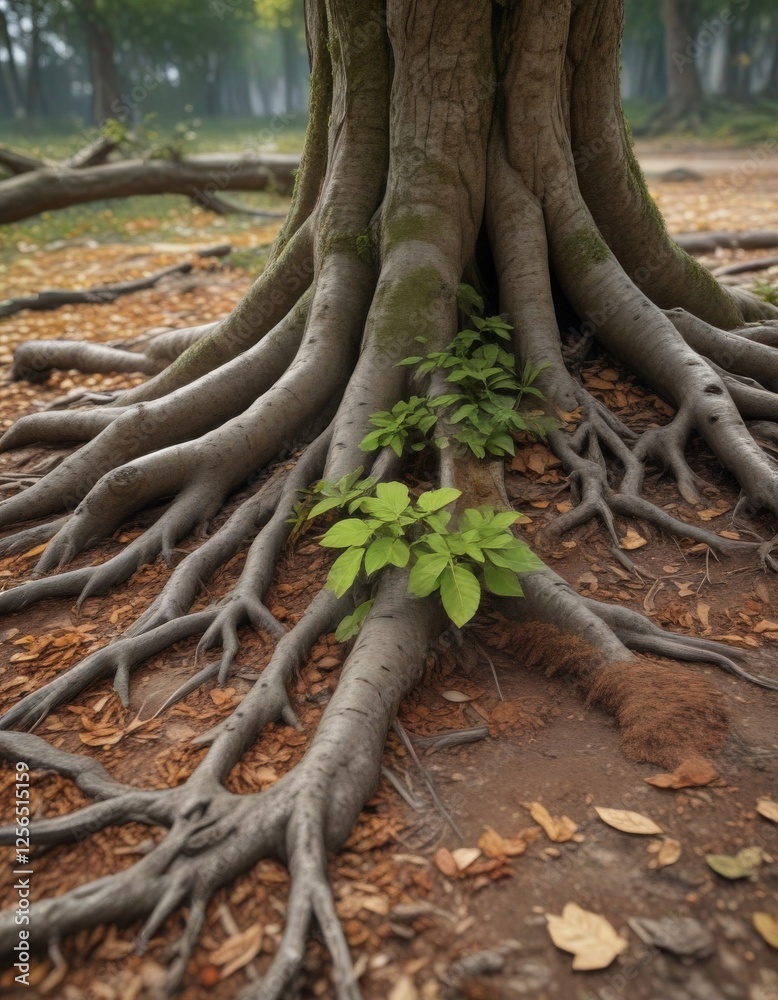 Natural leaves scattered around a tree trunk with roots exposed, earthy tones, wood grain, nature's decay Natural leaves scattered around a tree trunk with roots exposed, earthy tones, wood grain, nature's decay