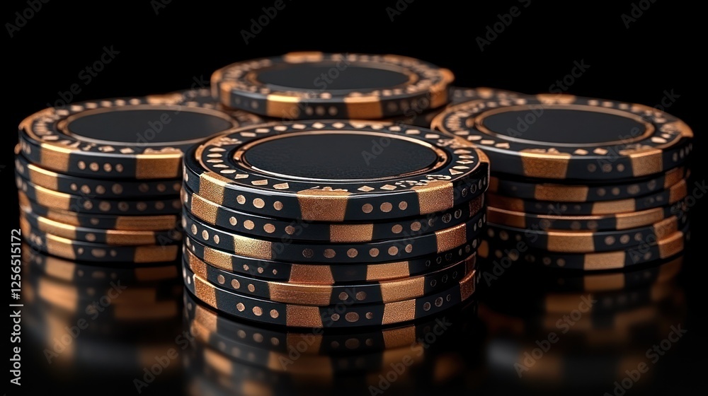 Stacked poker chips on a reflective surface, highlighting a game night atmosphere with elegance Stacked poker chips on a reflective surface, highlighting a game night atmosphere with elegance