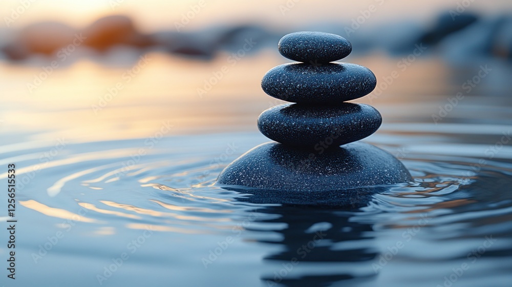Tranquil stack of smooth stones balanced on water surface at sunset, creating peaceful ambiance Tranquil stack of smooth stones balanced on water surface at sunset, creating peaceful ambiance