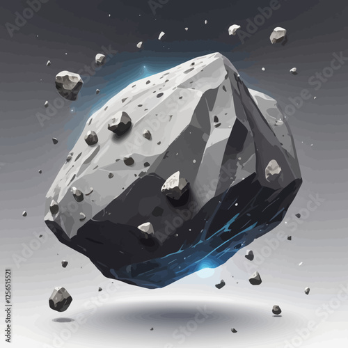 Mystical levitating asteroid with glowing blue core, floating above a barren alien landscape, ideal for sci-fi and fantasy illustrations.
