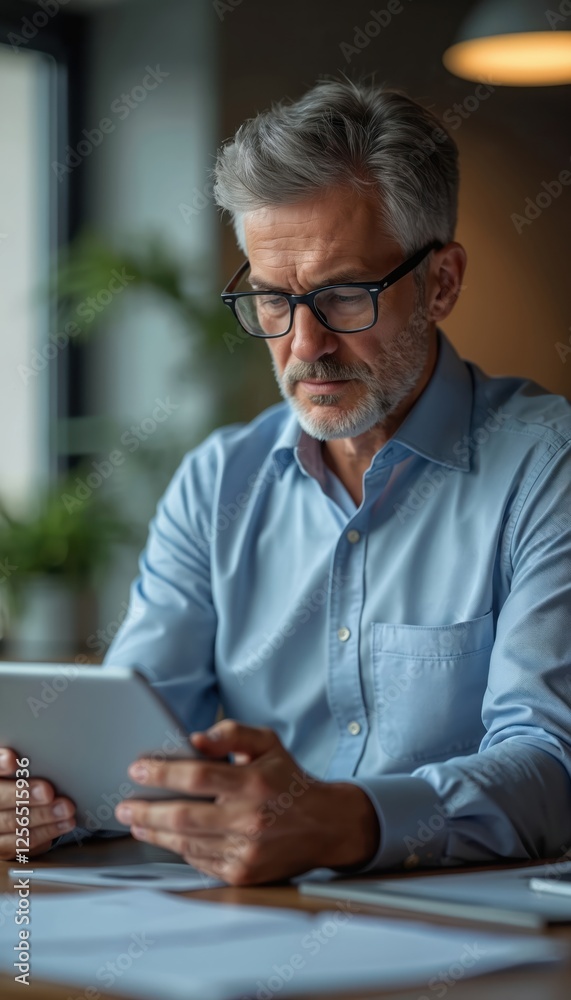 Concentrated businessman in glasses works with tablet. Senior man with beard sits at desk, using digital device for review documents, financial data. Manager analyzes market, chart, strategic Concentrated businessman in glasses works with tablet. Senior man with beard sits at desk, using digital device for review documents, financial data. Manager analyzes market, chart, strategic