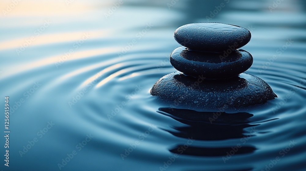 Tranquil stacked stones create ripples in calm water, evoking serenity and balance in nature Tranquil stacked stones create ripples in calm water, evoking serenity and balance in nature