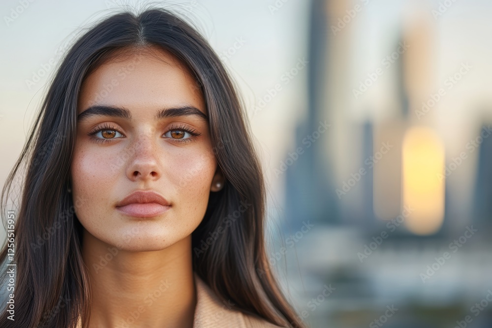 Young caucasian female with long hair in urban setting at sunset Young caucasian female with long hair in urban setting at sunset