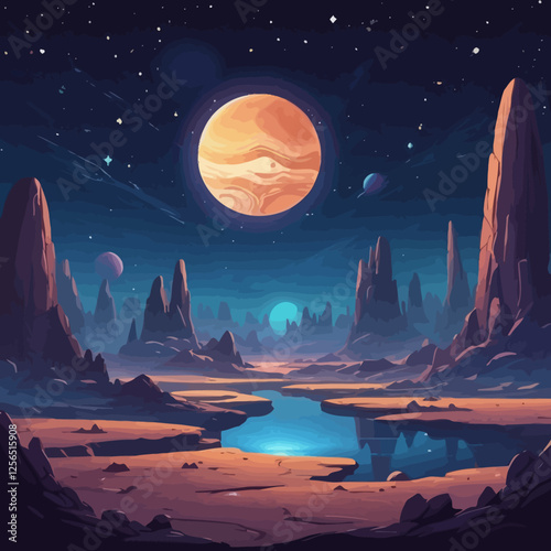 Distant alien landscape under a massive glowing planet, creating a cinematic sci-fi scene perfect for futuristic designs.