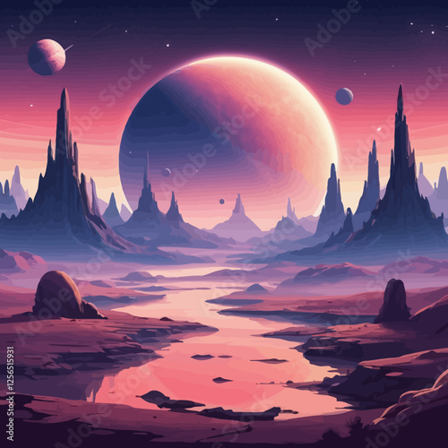 Alien desert landscape with a massive glowing planet in the sky, creating a futuristic sci-fi setting with surreal rock formations and deep colors.