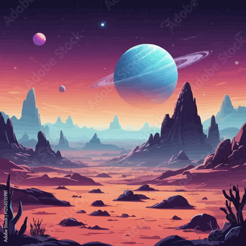 Futuristic alien world with a ringed blue planet in the sky, surrounded by mountains and barren desert, perfect for sci-fi illustrations.