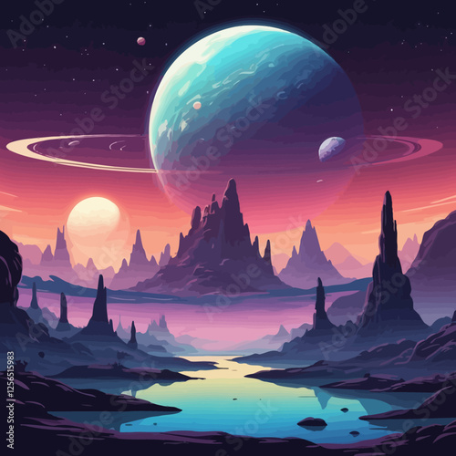 A breathtaking alien world featuring a massive gas planet with glowing rings, surrounded by sharp rocky formations and a surreal cosmic horizon.