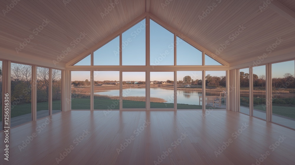 Fototapeta premium Lakeside House Interior Vast windows, sunset view, empty room, real estate