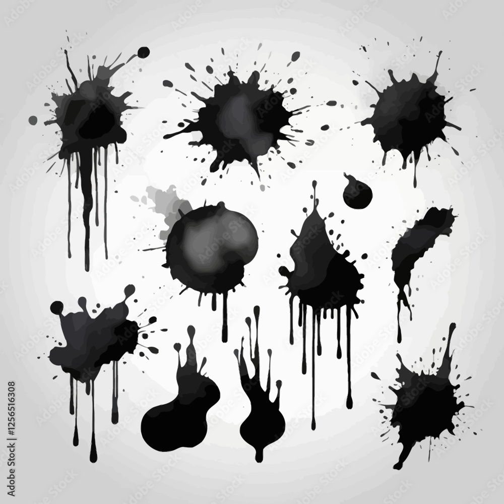 Abstract ink splatters in various shapes and sizes, forming a unique and artistic grunge texture for creative projects.