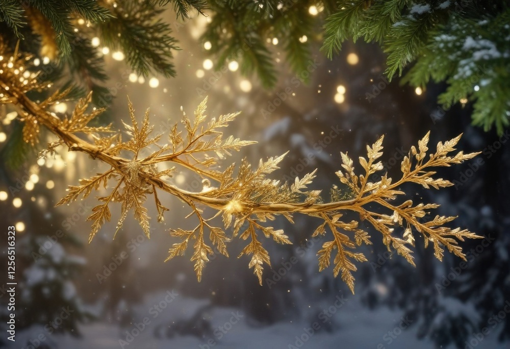 Snowflakes gently falling on a gold leaf covered branch, surrounded by evergreen trees and twinkling lights, snowflakes, winter wonderland, holiday decoration Snowflakes gently falling on a gold leaf covered branch, surrounded by evergreen trees and twinkling lights, snowflakes, winter wonderland, holiday decoration