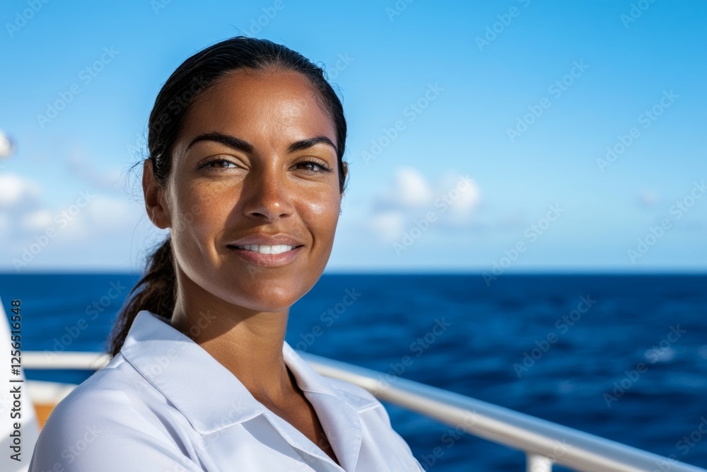 Confident hispanic female adult smiling on boat with ocean background under clear blue sky Confident hispanic female adult smiling on boat with ocean background under clear blue sky