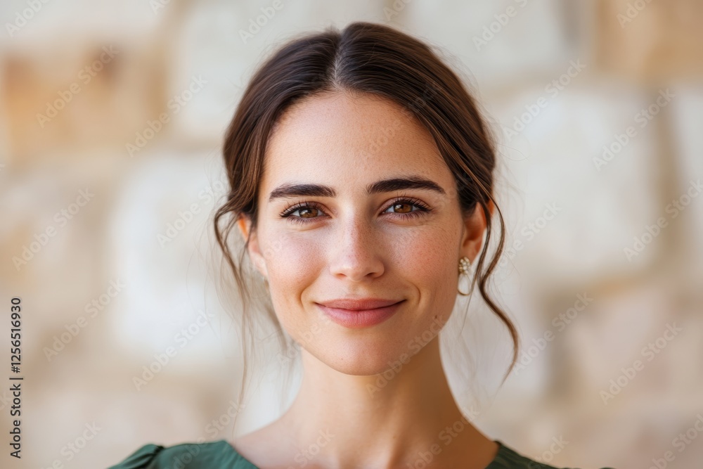 Smiling young caucasian female with brown hair against stone background Smiling young caucasian female with brown hair against stone background