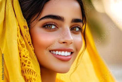 Young hispanic female smiling brightly in yellow shawl with natural beauty and vibrant eyes photo