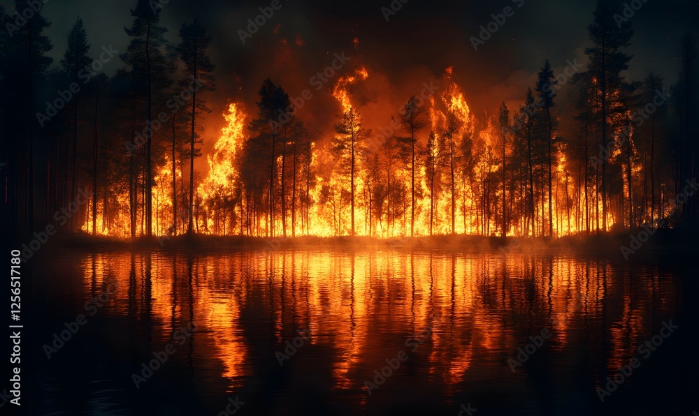 Fototapeta premium Forest ablaze at night with fiery reflections in the still water creating a dramatic scene