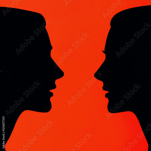 A silhouette of two humans heads facing each other on a red background