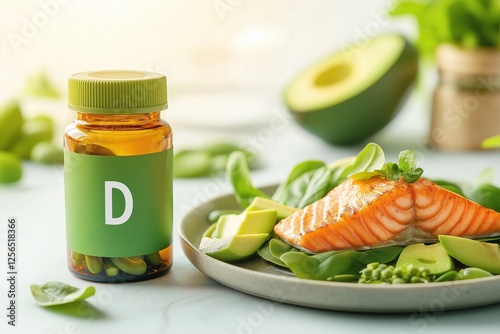 Bottle of vitamin d supplements stands next to a plate of salmon, avocado, and spinach, suggesting a balanced approach to nutrition and a healthy lifestyle