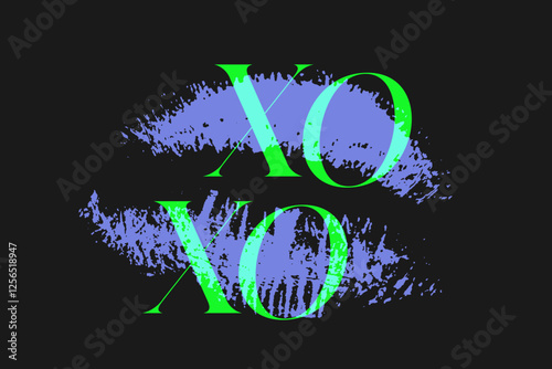 XOXO trendy typography with lips grunge print vector illustration. Lipstick trace with overlayed modern font. Design for Valentine's day, message, t shirt, sticker, poster.