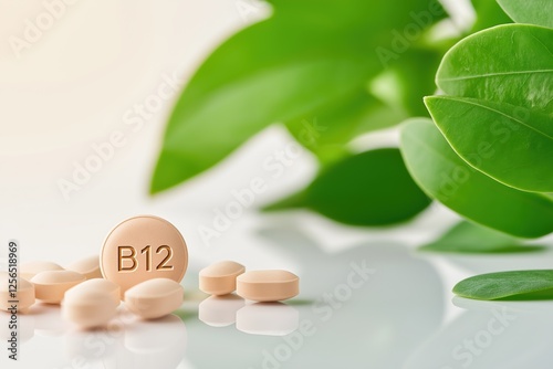 Scattered vitamin b12 tablets on a reflective white surface highlight the essential nutrient's role in energy and health, complemented by vibrant green leaves representing natural wellness photo