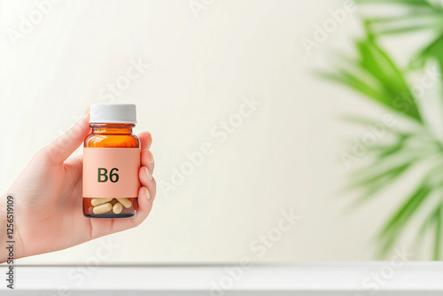 Hand holding a brown glass bottle of vitamin b6 capsules, highlighting dietary supplements' role in promoting a healthy lifestyle against a blurred green plant backdrop photo