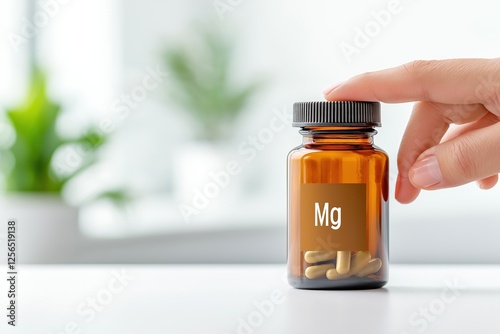 Hand opening a brown bottle of magnesium supplements on a white table, highlighting mineral intake for health and wellness amidst a bright setting with a blurred green plant