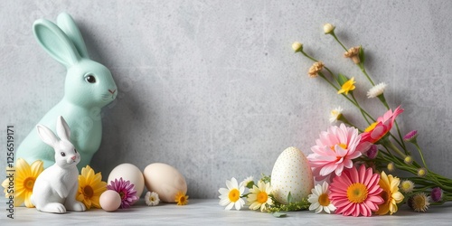 Easter eggs, bunny figurine, spring flowers, pastel colors, religious symbols, festive decor, traditional celebration, holiday arrangement, symbols, background, decor photo