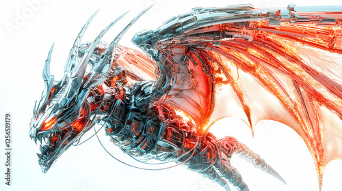 A biomechanical dragon with glowing cybernetic wings, intricate 3d render, isolated on white background. Biomechanical Dragons. Illustration photo