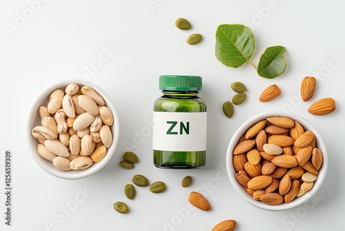 Promoting health and wellness through a minimalistic flat lay of zinc supplements, almonds, pistachios, and pumpkin seeds, emphasizing essential nutrients for balanced living