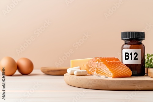 Displaying salmon, cheese, eggs, parsley, and vitamin b12 supplements on a wooden cutting board, illustrating dietary sources and supplementation options against a light background