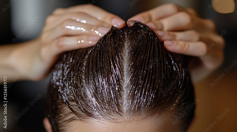 Naklejka premium Woman skillfully ties her glossy hair into a sleek ponytail while showcasing the luxurious texture and shine in a close-up shot