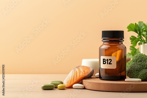 Promoting health and wellness through vitamin b12 supplements and natural sources like salmon, broccoli, and parsley, emphasizing the importance of a balanced diet