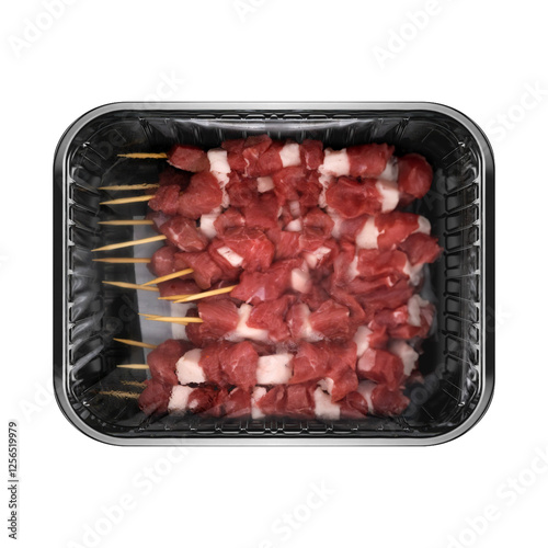 Skewered raw lamb shish kebab in a mockup tray, displaying the tender cuts and fat marbling.
 photo