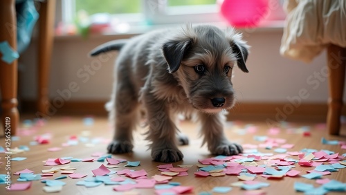 An Irish Wolfhound puppy stands on a confetti-covered floor, its wiry fur ruffled as it curiously inspects the colorful mess. Soft light enhances the festive mood.