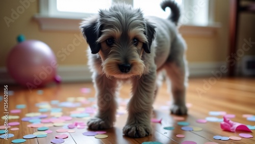 An Irish Wolfhound puppy stands on a confetti-covered floor, its wiry fur ruffled as it curiously inspects the colorful mess. Soft light enhances the festive mood.
