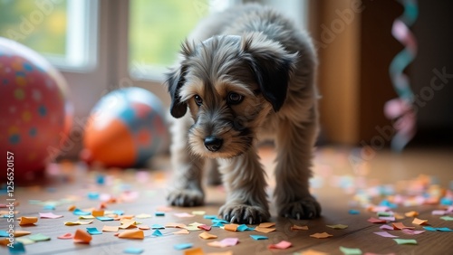 An Irish Wolfhound puppy stands on a confetti-covered floor, its wiry fur ruffled as it curiously inspects the colorful mess. Soft light enhances the festive mood.