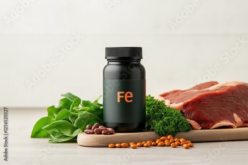 Natural sources of iron or ferrum including red meat, parsley, spinach, lentils and beans are displayed on a wooden cutting board alongside a bottle of iron supplement pills