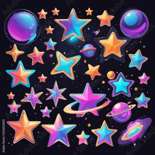 A vibrant collection of colorful, iridescent stars and planets set against a dark cosmic background. Ideal for futuristic, space-themed designs.