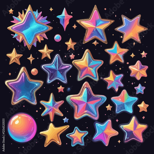 Shiny, iridescent stars in various shapes and sizes glowing against a deep black background. Perfect for fantasy, sci-fi, and cosmic artwork.