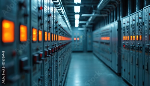 Switchgear system with breaker panels, switches, power meters inside industrial plant room. Electricity distribution, control. Organized, rows of gray metal cabinets. Wires, tubes, pipes on ceiling. photo