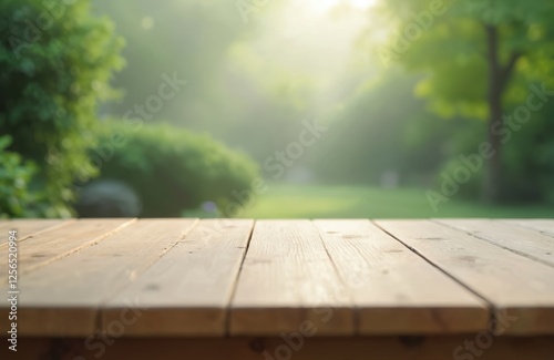 Ground level close-up of light oak wood table surface. Minimalist surrounding of soft fog filled garden with gentle green tones. Wooden planks background with copy space for food, objects product photo