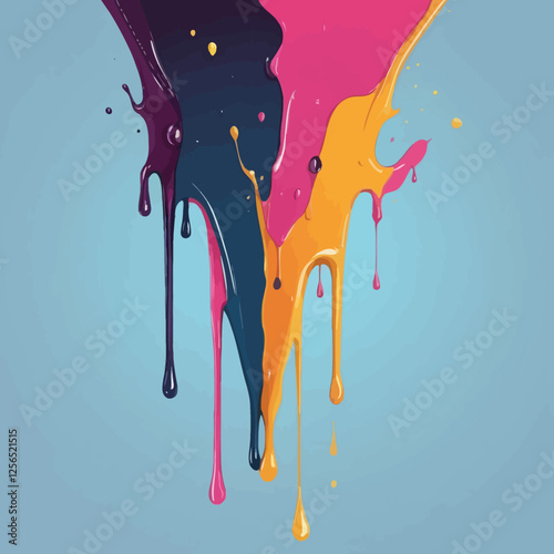 Blue, pink, and yellow liquid dripping down on a light background. A modern and creative abstract design for vibrant and dynamic digital artwork.