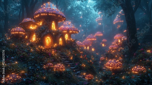 Enchanted Mushroom Village in a Glowing Forest