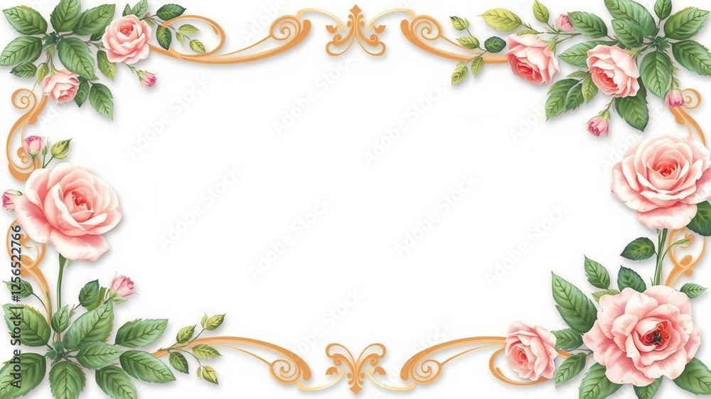 Pattern of delicate rose flowers and lush green leaves creating a beautiful frame, delicate, decorative Pattern of delicate rose flowers and lush green leaves creating a beautiful frame, delicate, decorative