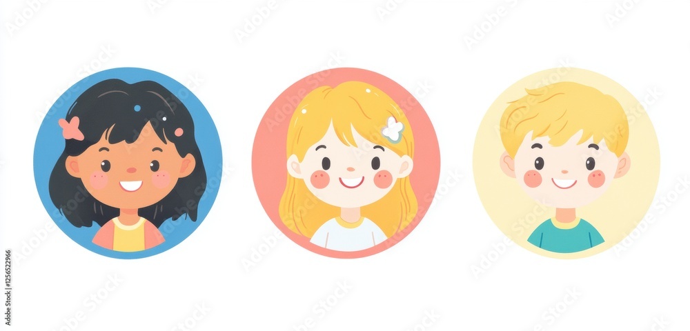 A set of children's avatar illustrations, with happy faces and colorful each featuring one child smiling happily Generative AI A set of children's avatar illustrations, with happy faces and colorful each featuring one child smiling happily Generative AI